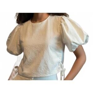 Elegant Puff Sleeve White Blouse with Drawstring Detail S/M
